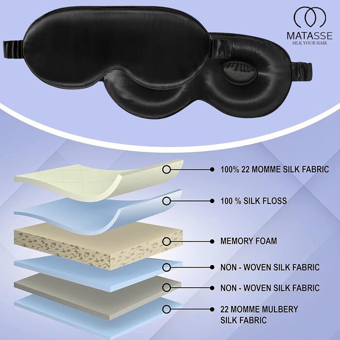 Шовкова маска для очей MATASSE Silk Your Life - 3D контурна маска для сну, чохол для очей, маска для сну з ремінцем для жінок, чор