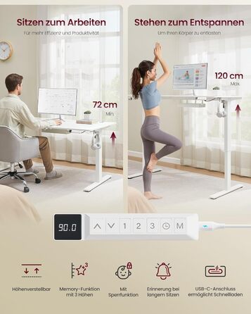 Стіл VASAGLE з регульованою висотою, 160 x 80 см, порт USB-C, подовжувач для зберігання, стіл для роботи стоячи, нагадування про тривале сидіння, 3 кнопки пам&39яті, для офісу, матово-білий LSD146WZ02 160 x 80 см матово-білий