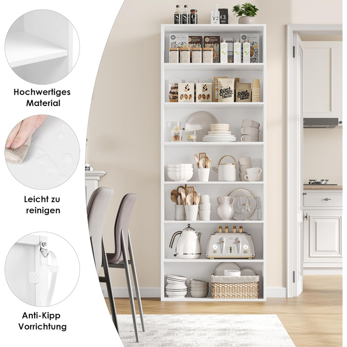 Книжкова полиця FirFurd, полиця з 7 відділеннями, книжкова шафа, окремостояча полиця, полиця для зберігання, для вітальні, офісу, спальні, 209,5 x 60 x 23,5 см, білий