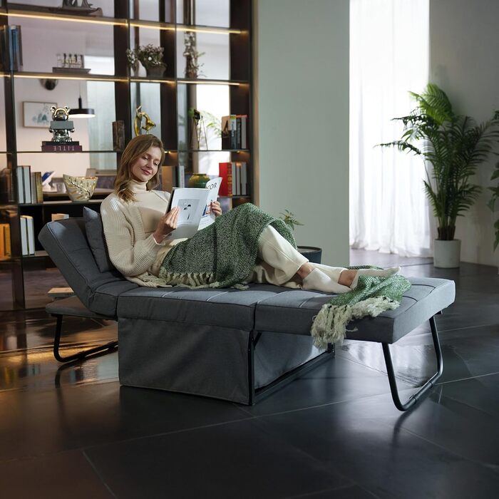 Крісло FLEXISPOT Крісло для вітальні з пуфом для ніг Розкладне крісло-ліжко з функцією ліжка Трансформоване крісло-ліжко Розсувне крісло-ліжко Вантажопідйомність до 300 кг, Сірий, 91 * 69 * 35 см Темно-сірий (Маленький)