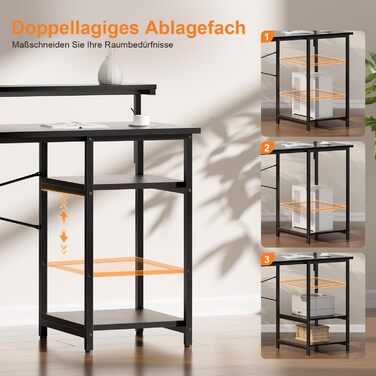 Письмовий стіл, комп&39ютерний стіл зі світлодіодним підсвічуванням та підставкою для монітора, ПК-стіл з 2 полицями та сумкою для зберігання для кабінету та спальні, 100 x 48 x 74 см, міцний металевий каркас, чорний.