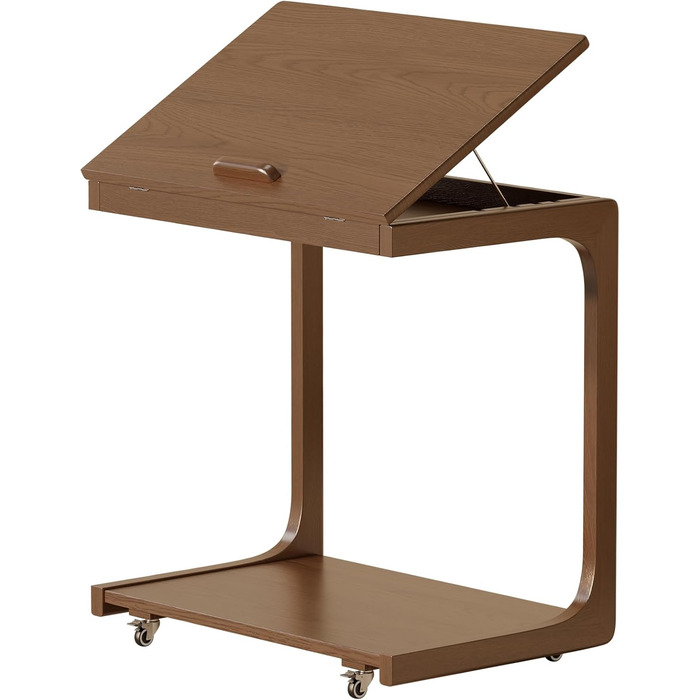 Дерев&39яний журнальний столик, диванний столик на колесах, С-подібна форма, мобільний журнальний столик, 60Ш x 40Г x 63В см, журнальний столик для вітальні для кави та ноутбука (горіхово-коричневий) Горіхово-коричневий 60Ш x 40Г x 63В см