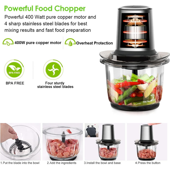 Електричний подрібнювач Multi-Chopper універсальний з чашею з нержавіючої сталі 1,5 л, 2 рівні швидкості Функція гальмування для м'яса, фруктів, овочів та дитячого харчування, срібло