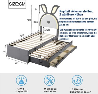 Дитяче м&39яке ліжко 90x200 см з світлодіодною підсвіткою у формі вуха кролика, односпальне ліжко з висувним ліжком та 3 шухлядами для зберігання речей для 2 дітей, каркас ліжка з рейковою основою з дерева, оксамит, сірий колір, без матраца