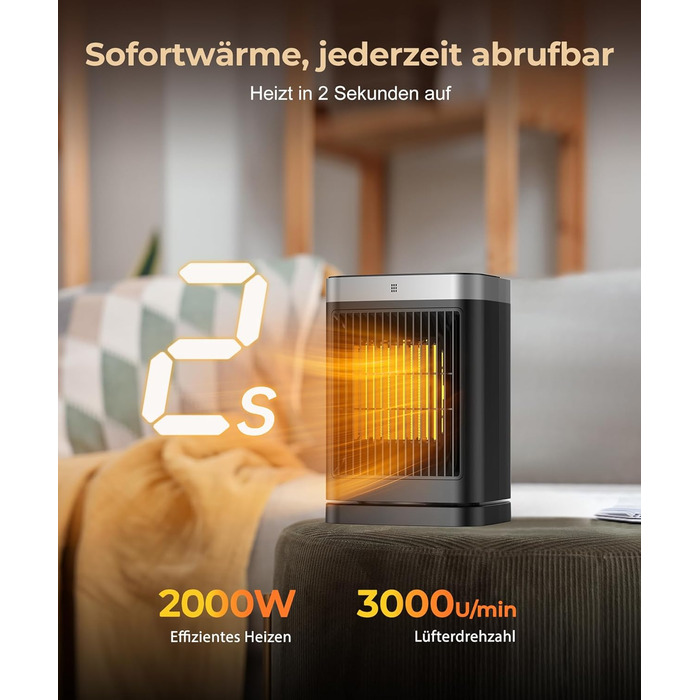 Енергозберігаючий електричний вентилятор-обігрівач з дистанційним керуванням, 2000 Вт, компактний, керамічний нагрівач PTC, тихий з 12-годинним таймером, 3 режими, захист від перегріву та перекидання, електричний обігрівач для спалень