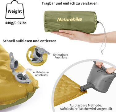 Килимок для сну Naturehike з високим R-значенням 3.5, ультралегкий, 4 сезони (6), самонадувний, з надувним мішком, міцний, високий R-значення, висока ізоляція, для зими, військово-зелений - Мумія - L