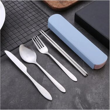Універсальний набір столових приборів для подорожей та кемпінгу з 5 предметів, портативний посуд, палички для їжі з нержавіючої сталі, ложка, виделка, ніж для стейку з футляром для зберігання (чорний)