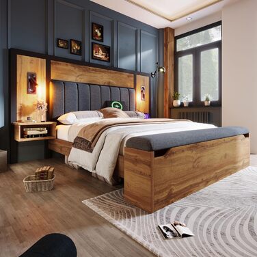 Двоспальне ліжко Kebnor з м&39якою поверхнею, комплект ліжка з лампою для читання та USB-портом, тумбочкою та лавкою для зберігання речей, каркас ліжка з рейковою основою з металу, дерева та льону, дуб (матрац не входить до комплекту) (180200 см) 180200 с