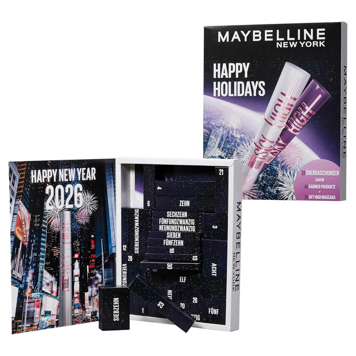 Різдвяний календар Maybelline New York на 2025 рік із 31 дверима на весь грудень, 26 повнорозмірними продуктами та 5 подарунками, включаючи 2 туші Sky High Mascara 4 продукти Garnier Skincare.