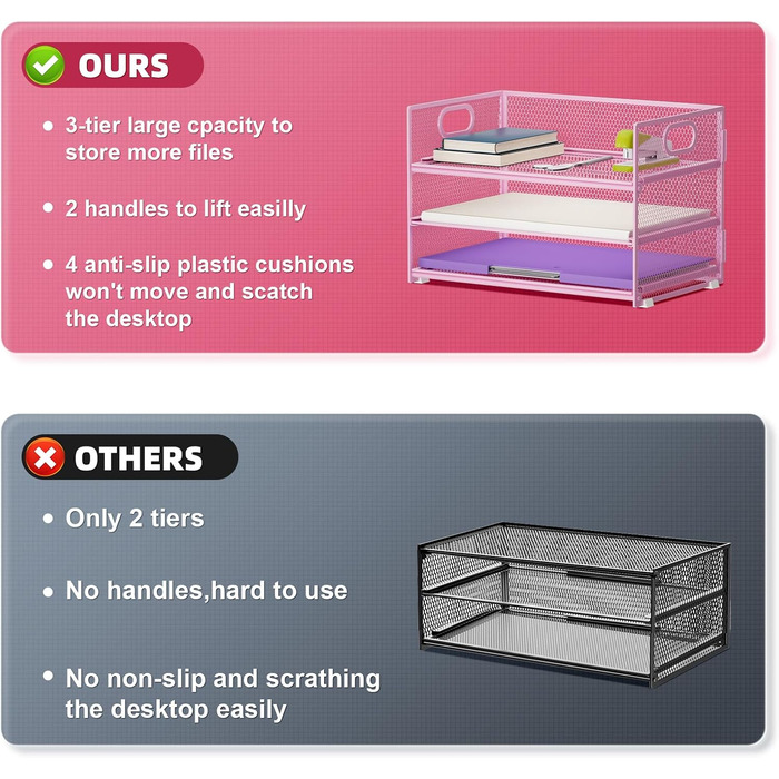 Органайзер для канцелярського приладдя Marbrasse, 3-рівневий органайзер для канцелярського приладдя з ручкою, сітчастий органайзер для файлів формату A4, канцелярське приладдя (рожевий) 36 x 28 x 20 см рожевий