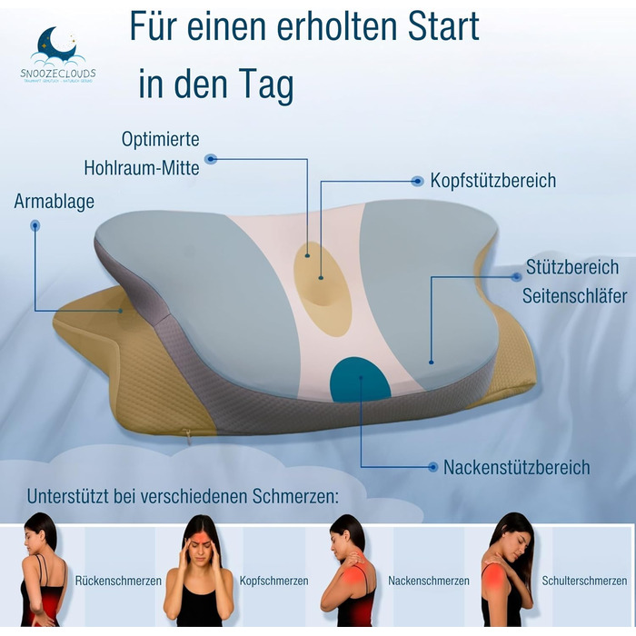 Ергономічна подушка - Ортопедична подушка для шиї з піни з ефектом пам&39яті - Подушка для сну на боці з 2 чохлами - Регульована висота - Сертифікована - Підтримує біль у шиї - Сірий/Білий