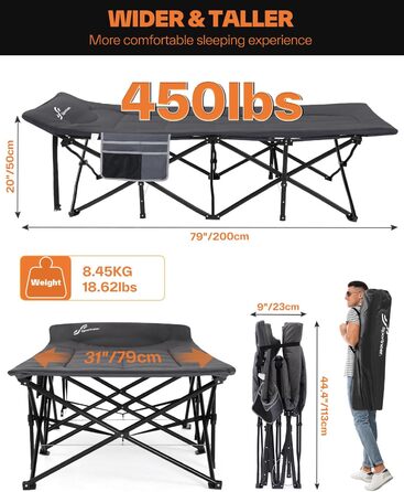 Розкладне ліжечко/гостьове ліжко Sportneer, до 204 кг, 20079 см, туристичне ліжко, розкладне ліжечко для кемпінгу, подорожей, використання в приміщенні, на вулиці, на пляжі та в саду, більший розмір 200 x 79 x 50 см, сірий
