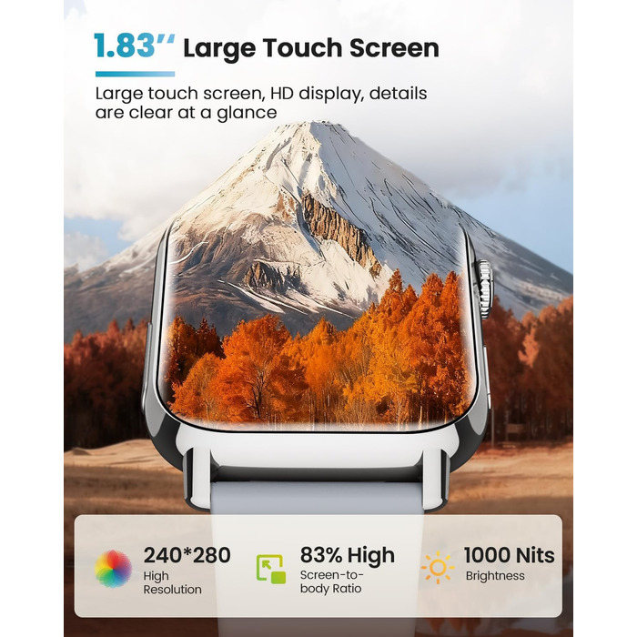 Розумний годинник для чоловіків та жінок з монітором/ЕКГ/ВСР/фітнес-годинник 1,83 дюйма з 24-годинним вимірюванням серцевого ритму/артеріального тиску/SpO2/сну/екстреного виклику SOS, понад 145 спортивних режимів, фітнес-годинник, крокомір, iOS, Android, 