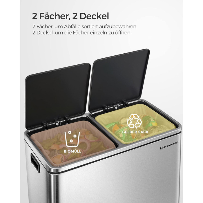 Відро для сміття, 2 х 30 л, 2 відділення, система розділення сміття, педальний відро для сміття, відро для кухонного сміття, 15 мі