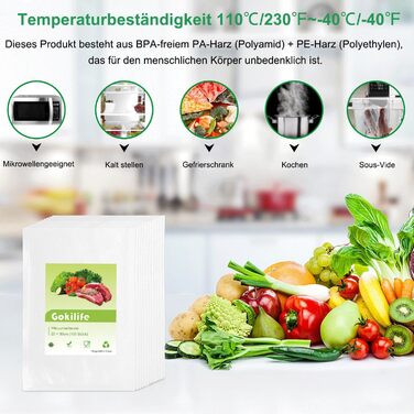 Вакуумний пакувальник Gokilife - 100 пакетів 20x30 см зі стійкістю до розриву приблизно 450 мкм, вакуумна плівка для всіх вакуумних пакувальників і вакууматорів харчових продуктів, професійні пакети з фольги без BPA, кип'яткостійкі та пакети для заморожув