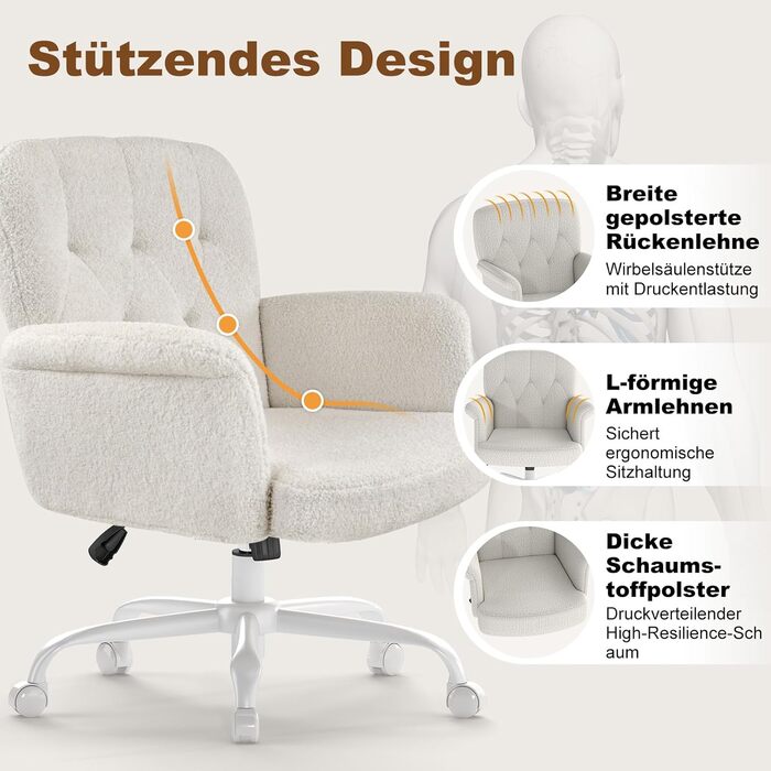 Офісне крісло ZZH для домашнього офісу, зручне, м&39яке, пухнасте крісло для туалетного столика з колесами та підлокітниками, миле поворотне комп&39ютерне сидіння з плюшевого оксамиту для спальні, макіяж, білий колір