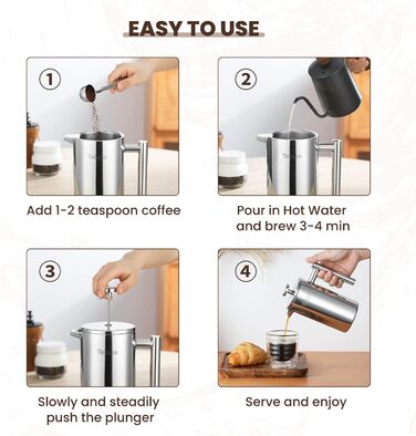 Кавоварка з нержавіючої сталі френч-прес Velaze, кавоварка 350 мл на 2-3 чашки, французький кавоварський прес з подвійними стінками, елегантний дизайн, кавник з 5 фільтрами з нержавіючої сталі та 1 ложкою 350 мл