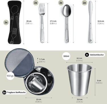 Набір столових приборів для кемпінгу на 2 особи набір кемпінгового посуду зі столовими приборами з нержавіючої сталі, тарілками, мисками та склянками. У комплекті чохол для столових приборів. Портативний набір посуду для активного відпочинку, пікніків та 