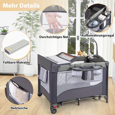Дорожнє ліжечко з матрацом, дитяче ліжечко 5-в-1 з колесами, пеленальний килимок та музичний мобіль, дитяче ліжечко 110x76 см з сумкою для перенесення, колиска для новонароджених та немовлят (зелена)
