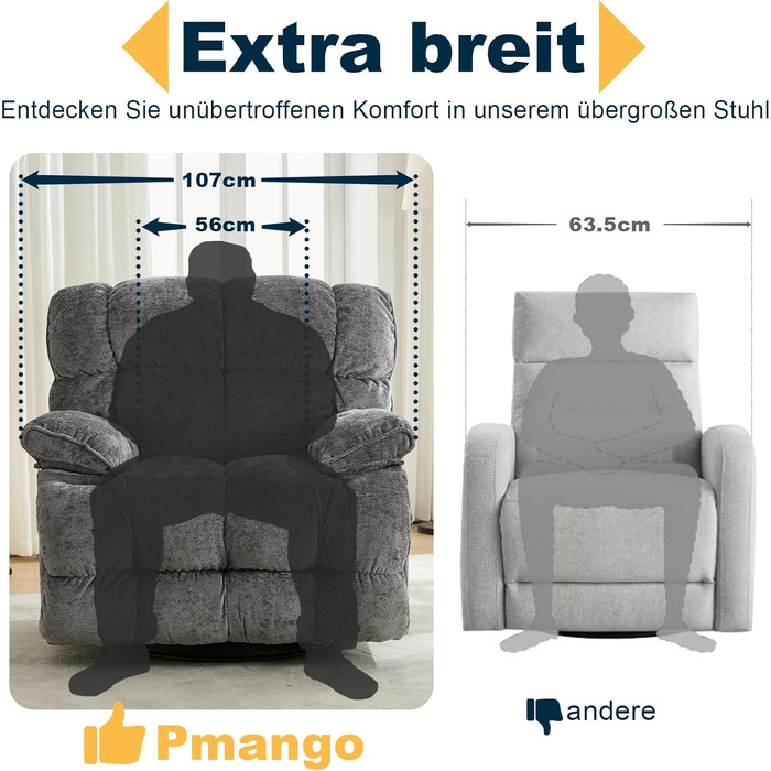 Крісло-гойдалка з функцією відкидання та гойдання, надзвичайно велике електричне крісло для телевізора, надзвичайно широке поворотне крісло-гойдалка, електрично регульований кут нахилу 90-140, порти USB та Type-C, сірий