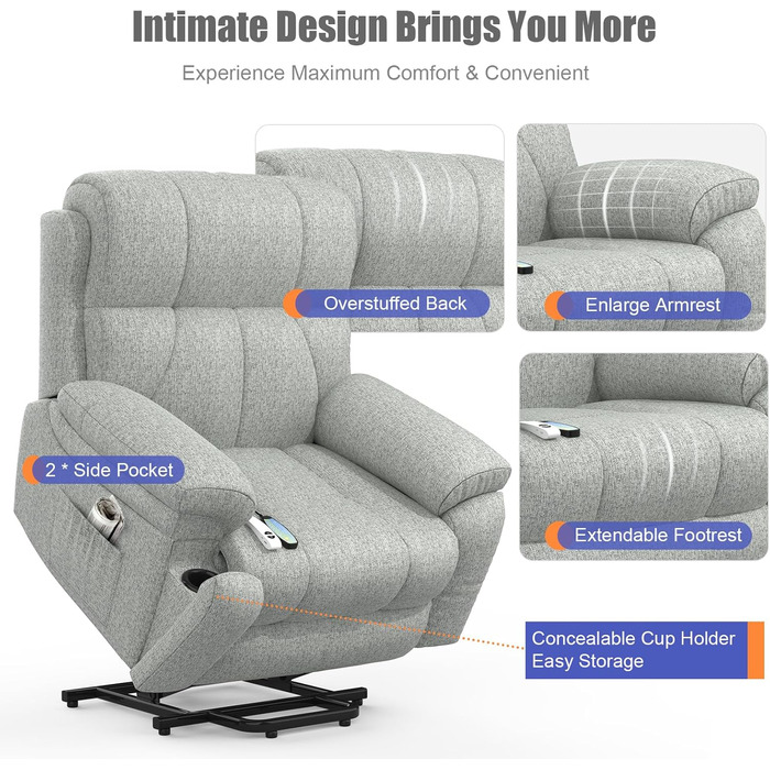 Електричне крісло-реклайнер YONISEE з функцією масажу, підйомником, масажем, підігрівом, підставкою для ніг, 2 бічними кишенями, підстаканником, портами типу C та USB, крісло-реклайнер для вітальні