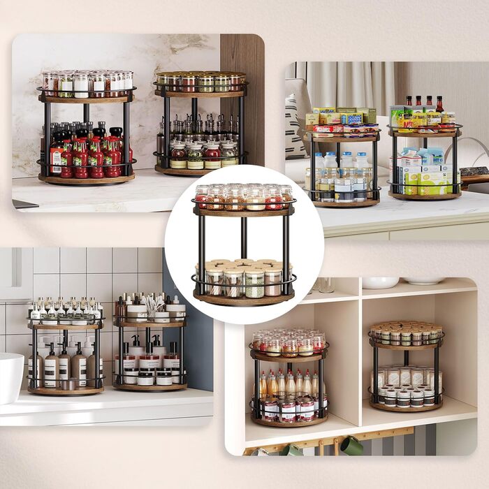 Підставка для спецій, 2-рівневий обертовий органайзер, комплект з 2 шт. , кругла обертова підставка для зберігання, компактний тримач для спецій з поворотним столом, для кухонної стільниці, обіднього столу, вінтажний коричневий та чорний XSR22L2BR 26 x 26