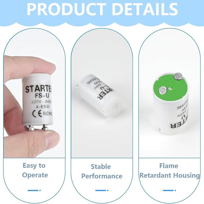 Стартер для люмінесцентних ламп, люмінесцентний для одноконтурної світлодіодної трубки лампи longlife light люмінесцентної лампи довготривалий стартер для люмінесцентних ламп LED лампи (6*4-65W), 6 шт.