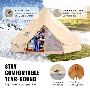 Намет VEVOR Bell Tent 3 x 2 м, юрта, бавовна з термостійкого матеріалу та міцні залізні стійки з ПВХ підлогою, сімейний намет на 8 вікон, груповий намет для пригод на свіжому повітрі