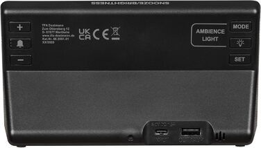 Цифровий будильник TFA Dostmann з підсвічуванням настрою, 60.2051, градієнт кольорів або 8 кольорів, 4 рівні яскравості, будильник з повтором, легко читається, функція зарядки, чорний