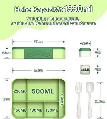 Ланчбокс Kinder Bento з роздільниками 1330 мл, герметичний контейнер для сніданку та перекусу, з 6 відділеннями, для дитячого садка, школи та дорослих, зелений