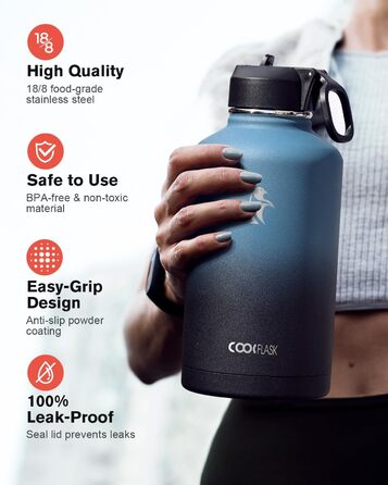Пляшка для води Coolflask, ізольована, з соломинкою та 3 кришками, глечик для води 1,8 л, великий металевий, з нержавіючої сталі,