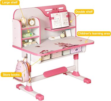 Комплекти дитячих стільців для роботи, регульована висота, ергономічний дизайн, дитячий стілець для роботи з великою письмовою дошкою та великою шухлядою, вбудована книжкова полиця для спальні, колір Рожева троянда