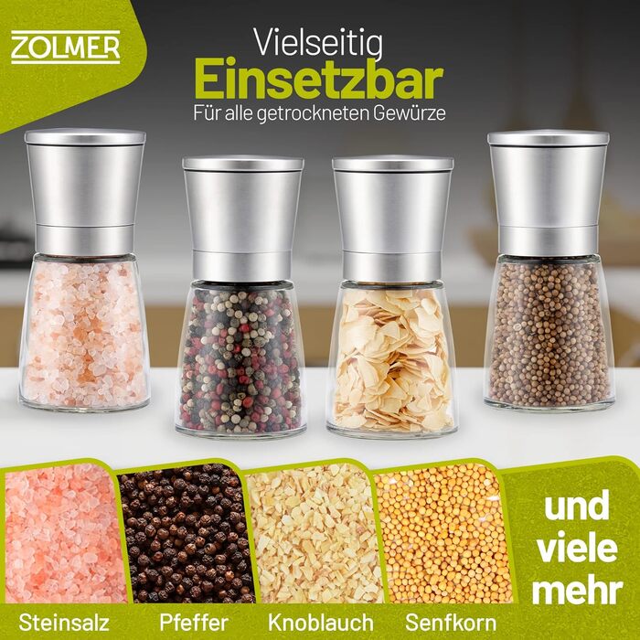 Набір млинів для спецій ZOLMER з 2 шт. з регульованим керамічним подрібнювачем - Noble salt mill & pepper mill виготовлений з високоякісної нержавіючої сталі - Також доступний як млин для чилі без вмісту спецій