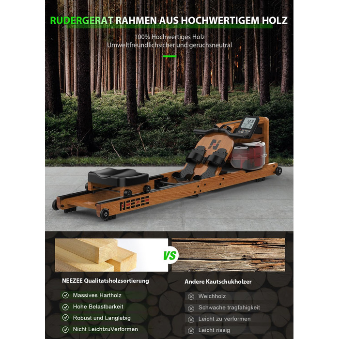Водний гребний тренажер Neezee для домашнього використання, складний гребний тренажер з масиву дерева з Bluetooth-дисплеєм та тримачем для планшета, максимальна вантажопідйомність 200 кг, сумісний із застосунком Kinomap Braun (з Bluetooth)