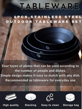 Набір посуду для кемпінгу CAMPINGMOON, нержавіюча сталь, тарілки, миски, штабельовані, посуд для активного відпочинку, сумка з тканини, для кемпінгу, піших прогулянок, пікніків (4 предмети, чорний колір з титановим покриттям)