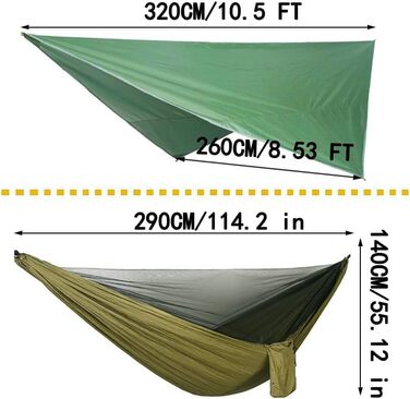 Комплект гамаків для кемпінгу, одинарний/подвійний гамак, москітна сітка, сітка від комах, дощовик, підвісне ліжко з високоміцної парашутної тканини. Підходить для активного відпочинку, походів, кемпінгу та подорожей. Армійський зелений.