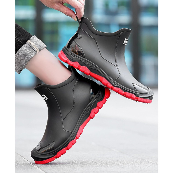 Водонепроникні гумові чоботи Pangolin до щиколотки, чоботи-челсі з ПВХ для саду та щоденного використання, нековзка гумова підошва з протектором, короткі гумові чоботи для жінок та чоловіків, чорно-червоні, EU 45