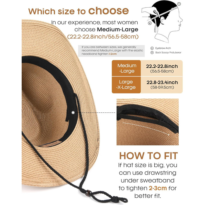 Ковбойський сонцезахисний капелюх FURTALK для жінок та чоловіків, ковбойський капелюх у західному стилі з вітровою стрічкою, UPF 80, легкий пляжний та літній капелюх, хакі, ML