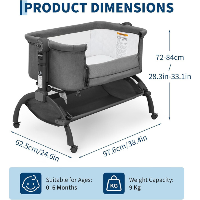 Дитяче ліжечко Garvee Baby Bed Crib, дитяче ліжечко 3-в-1, дорожнє ліжечко-колиска, регульована по висоті дитяче ліжко з матрацом, москітною сіткою та кошиком для зберігання, приліжкове ліжечко для новонароджених, темно-сіре