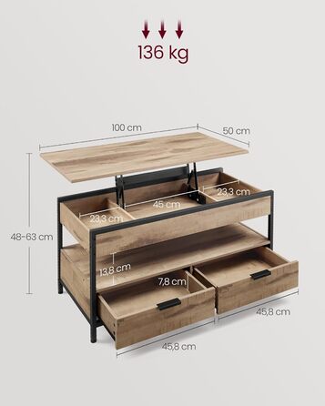 Журнальний столик VASAGLE, стіл для вітальні з регульованою висотою, журнальний столик, з шухлядами, відкритий відсік, 50 x 100 см, колір верблюжого коричневого кольору - чорнильний LCT209K02 63 см x 50 см x 100 см, колір верблюжого коричневого кольору чо