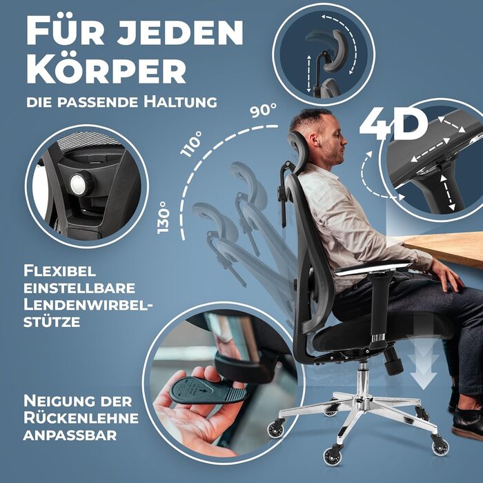 Ергономічний офісний стілець Робочий стілець 4D хромований металевий підлокітник, коліщатка Офісний стілець, комп'ютерний стілець