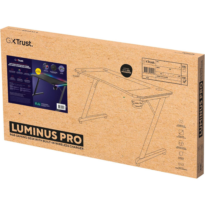 Ігровий стіл Trust Gaming GXT 710 Luminus Pro 120x60 з RGB LED, вбудованим бездротовим зарядним пристроєм 10 Вт, 10 колірними режимами, ігровий стіл з підсклянником, гачком для навушників - чорний 120x60 см - Pro Edition Black