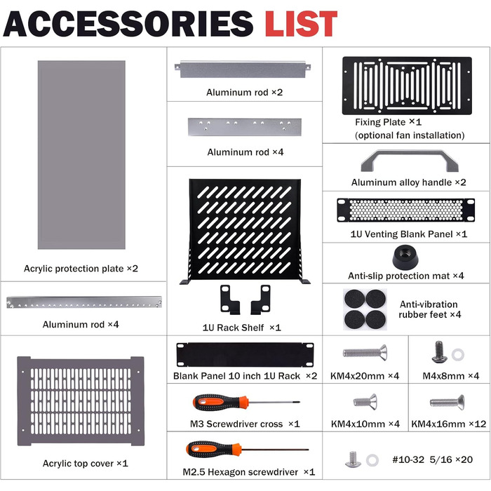 Дюймова серверна стійка, міні-стійка глибиною 200 мм з полицею та заглушкою, для NAS, AV та мережевого обладнання (сріблястий), 1, 8U 10-