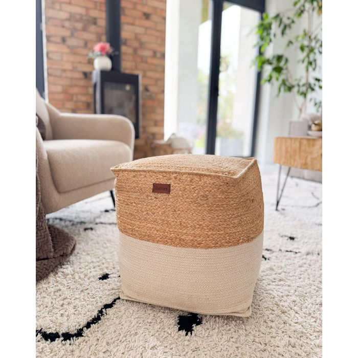 Beliani Boho Pouf Cotton and Jute Square Beige Kirama, Beliani Boho Pouf Cotton and Jute Square Beige Kirama