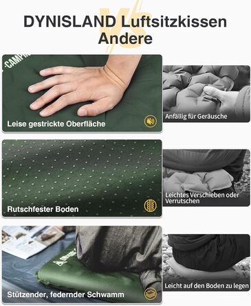 Самонадувальна подушка для сидіння 41 x 33 x 4 см, Складана подушка для сидіння на вулиці, Надлегка подушка для кемпінгу 150 г, Надувна подушка для походів, пікніків, Зелений рейнджер