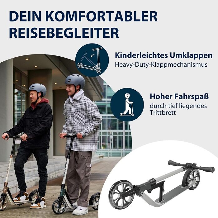 Самокат HUDORA BigWheel 205 Advanced комфортний алюмінієвий самокат до 100 кг, з регулюванням висоти та можливістю складання, для дітей, підлітків та дорослих, колір Ash