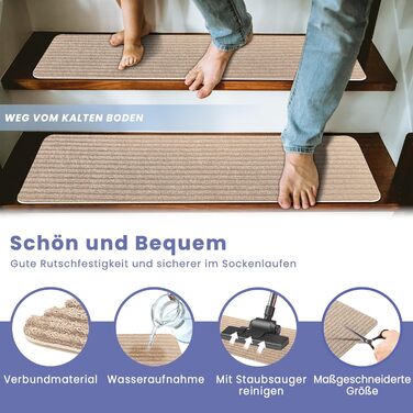 Килимки для сходів, самоклеючі килимки для внутрішніх сходів, 15 шт. , протиковзкі, ріжучі, багаторазові, для захисту домашніх тварин, людей похилого віку та дітей (бежевий, 76 см x 20 см) 76 см x 20 см бежевий