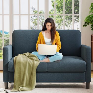 Невеликий 2-місний диван, міні-диван 130 см, затишний маленький диван для кімнати підлітка, складання міні-диванів без інструментів, 2-місні дивани та кушетки з масиву дерева, маленькі дивани для вітальні, синій/сірий, 130 см