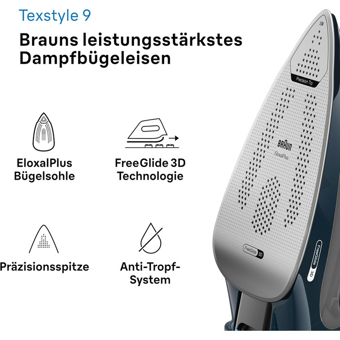 Парова праска Braun TexStyle 9 SI9682 DB з технологією FreeGlide 3D, вертикальна подача пари, функція захисту від крапель, функція