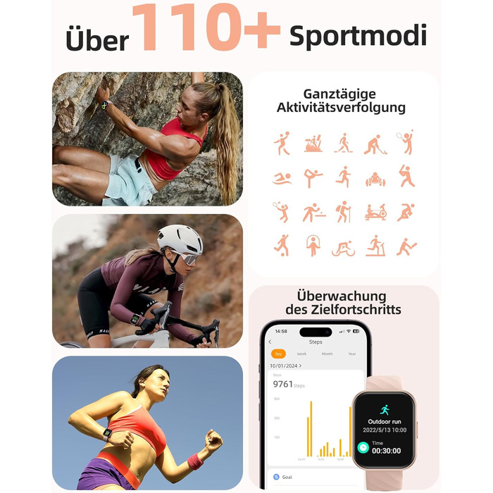 Жіночий смарт-годинник Parsonver із водонепроникністю 5 атм, спортивний годинник для плавання, фітнес-годинник 1,8 дюйма HD для жінок із понад 100 спортивними режимами, відстеженням серцевого ритму та сну, смарт-годинник для Android та iOS, рожеве золото,